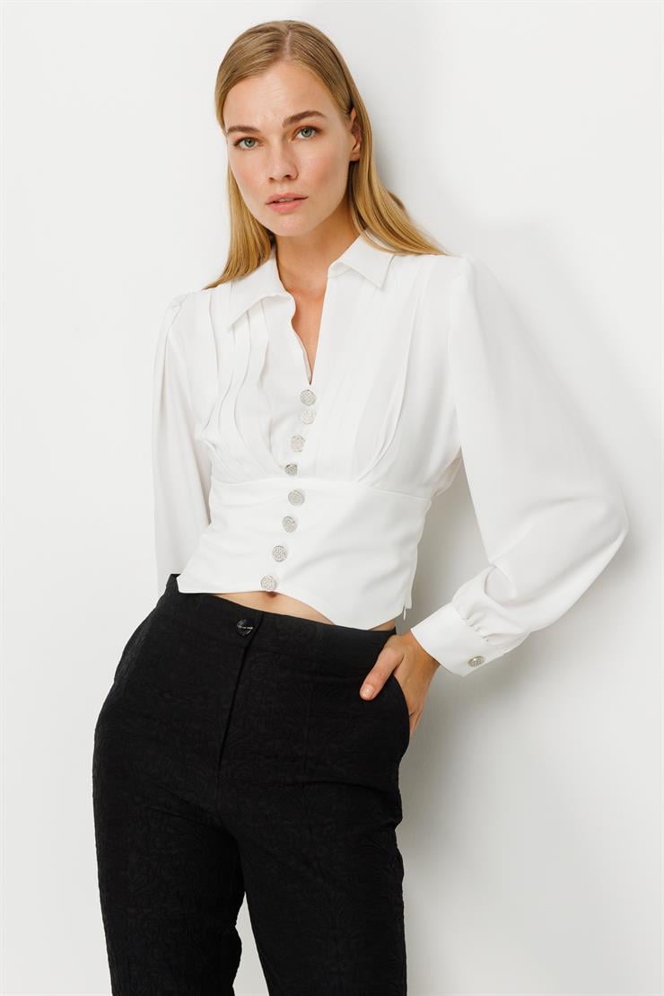 Modailgi  Pileli Crop Bluz Ekru