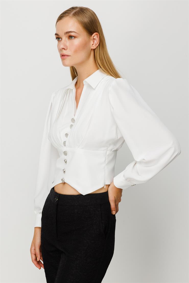 Modailgi  Pileli Crop Bluz Ekru