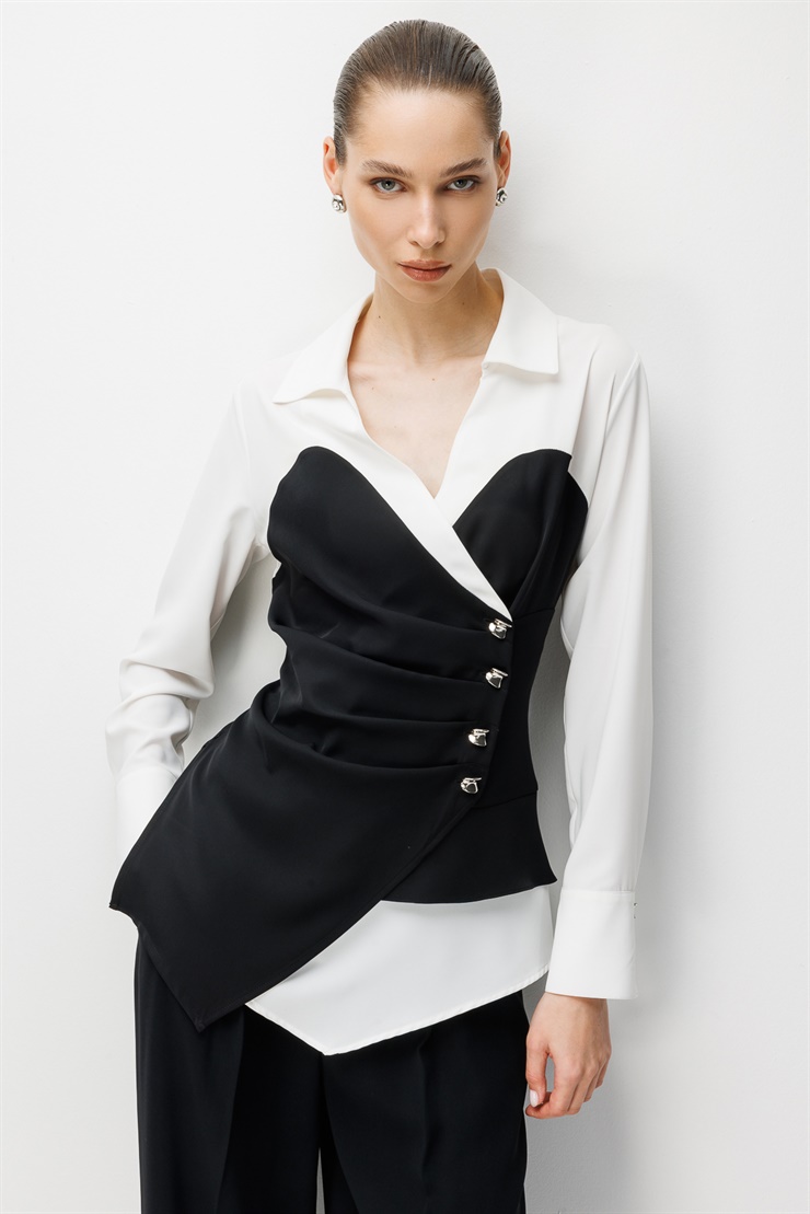 Modailgi Pileli Düğme Detaylı Kontrast Renk Kombinli Gömlek