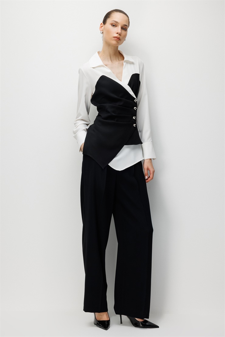 Modailgi Pileli Düğme Detaylı Kontrast Renk Kombinli Gömlek