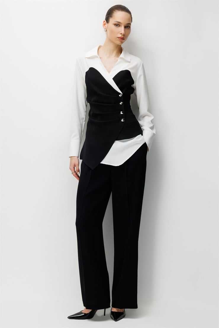 Modailgi Pileli Düğme Detaylı Kontrast Renk Kombinli Gömlek