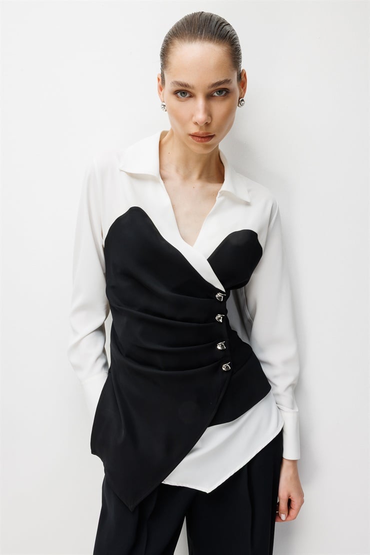 Modailgi Pileli Düğme Detaylı Kontrast Renk Kombinli Gömlek