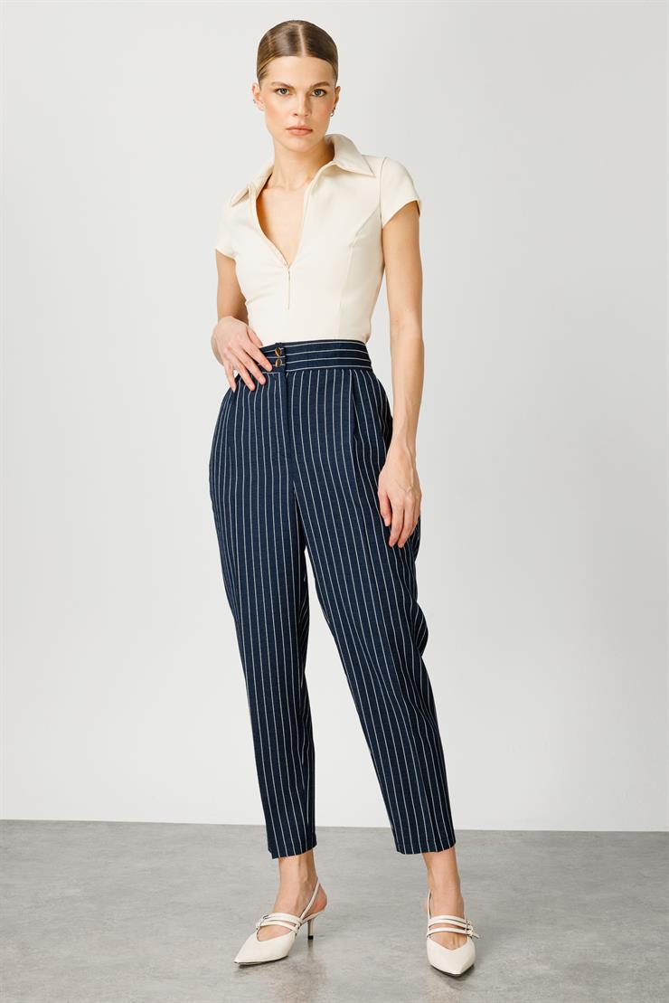 Modailgi  Pileli Havuç Paça Çizgili Pantolon - 7608,7918 Lacivert