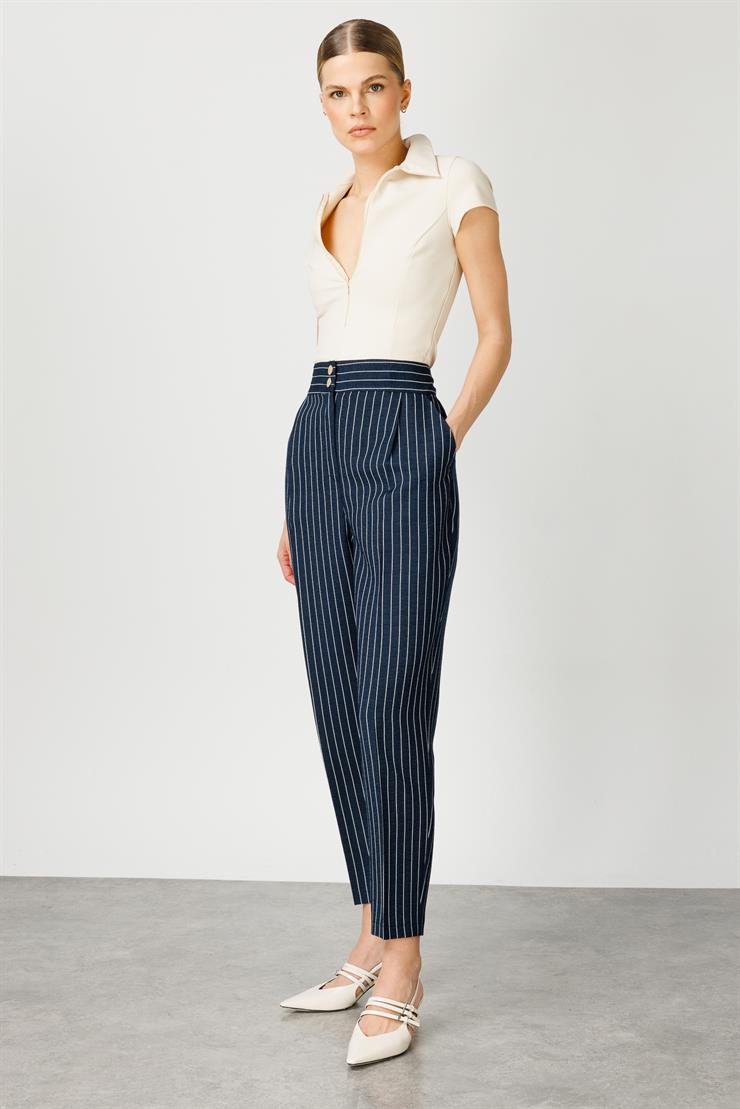 Modailgi  Pileli Havuç Paça Çizgili Pantolon - 7608,7918 Lacivert