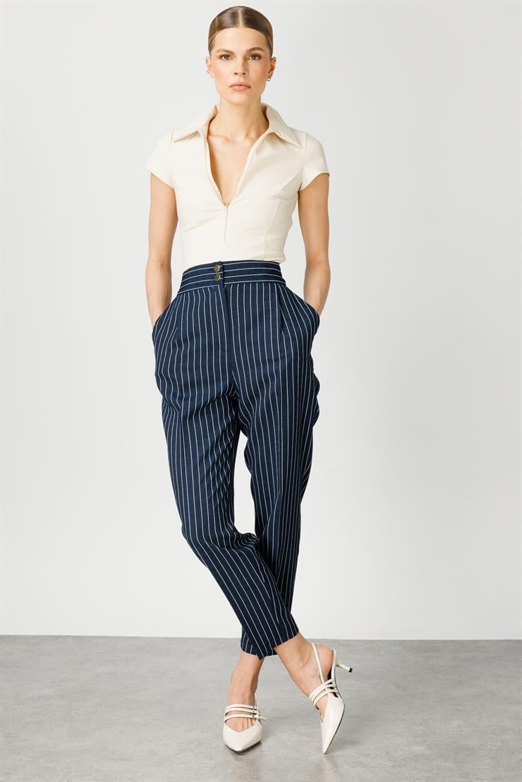 Modailgi  Pileli Havuç Paça Çizgili Pantolon - 7608,7918 Lacivert