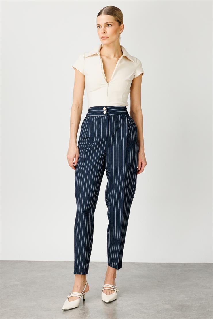 Modailgi  Pileli Havuç Paça Çizgili Pantolon - 7608,7918 Lacivert