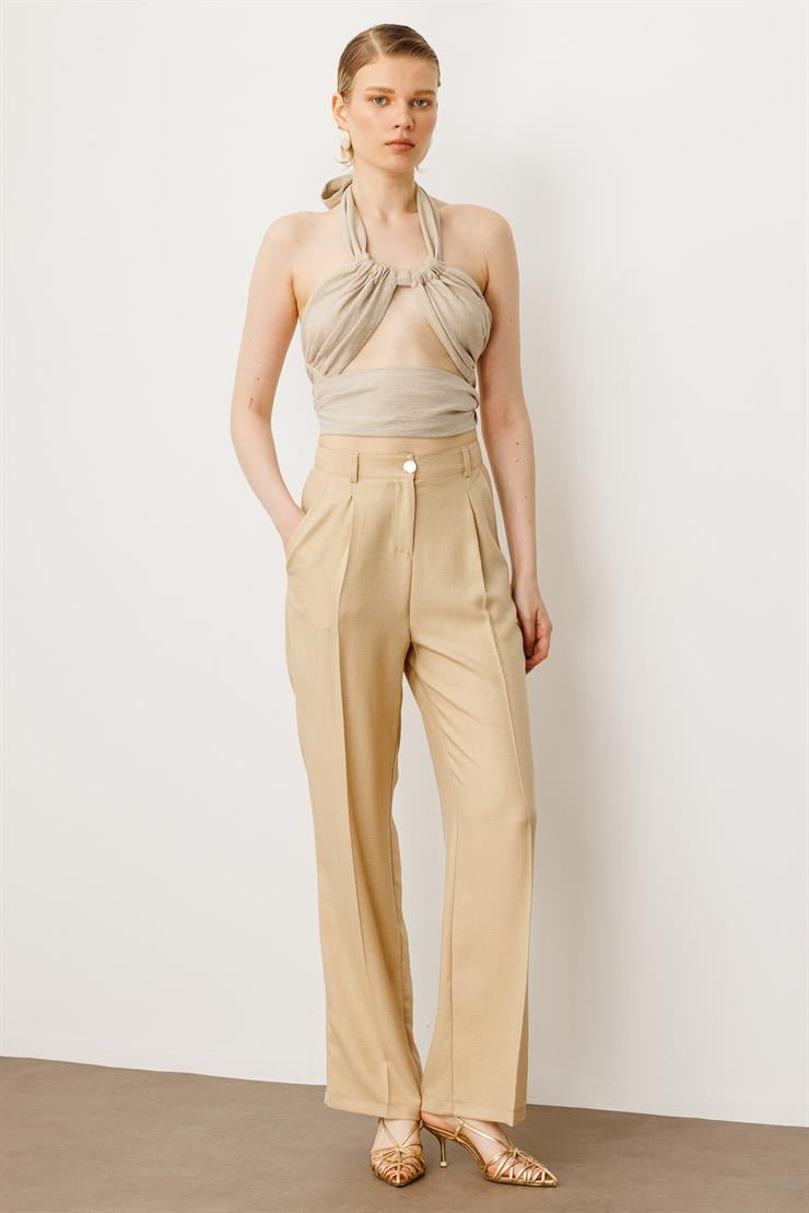 Modailgi  Pileli Yandan Cepli Palazzo Pantolon -1556 Bej
