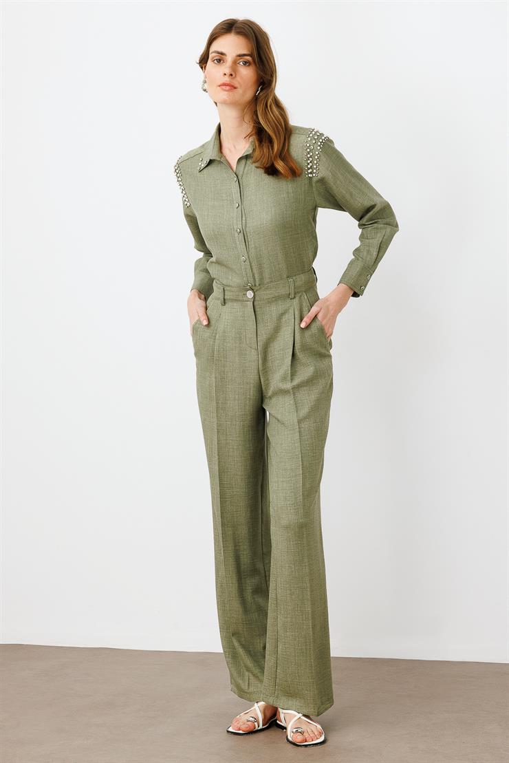 Modailgi  Pileli Yandan Cepli Palazzo Pantolon -1556 Haki