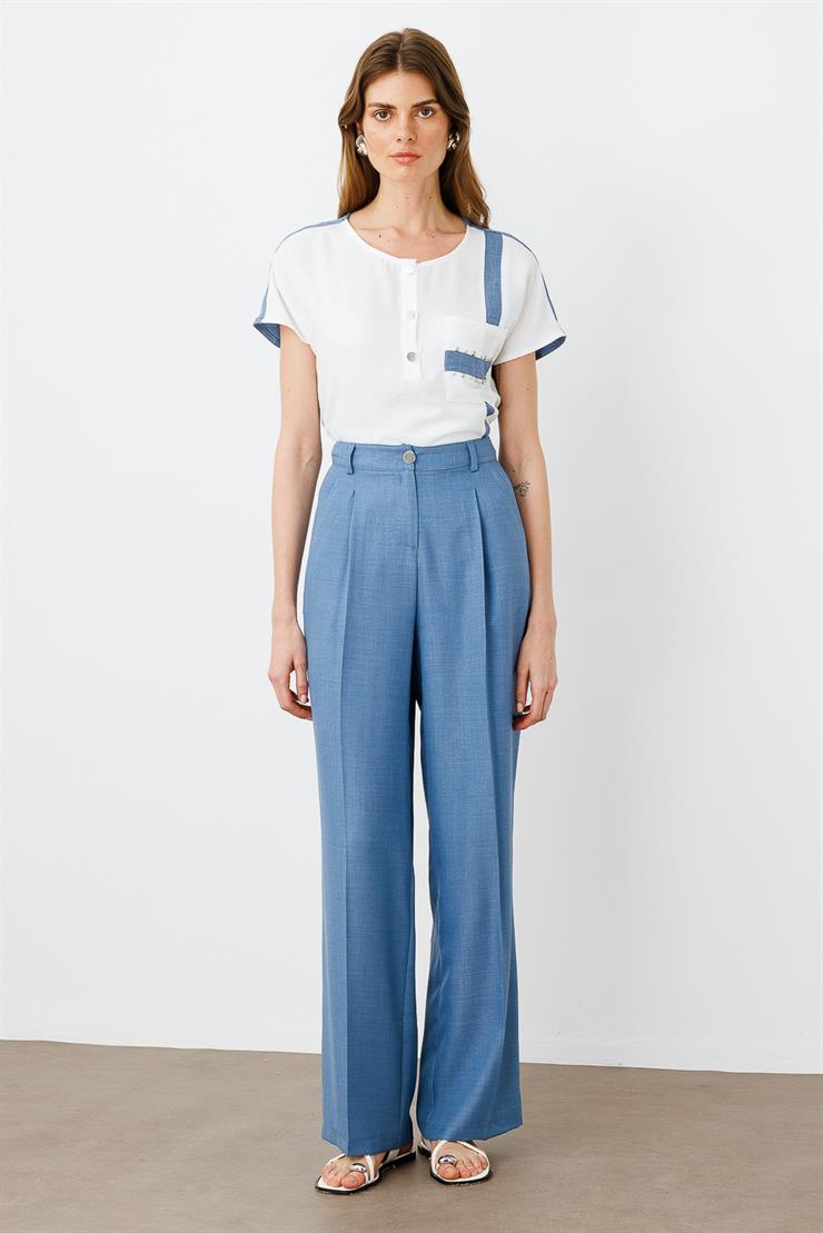 Modailgi  Pileli Yandan Cepli Palazzo Pantolon -1556 İndigo