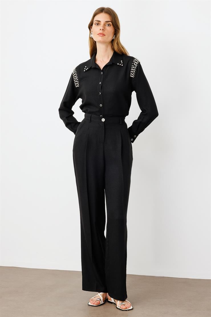 Modailgi  Pileli Yandan Cepli Palazzo Pantolon -1556 Siyah