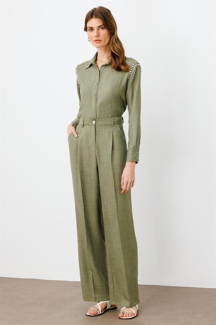 Modailgi  Pileli Yandan Cepli Palazzo Pantolon -1556 Haki