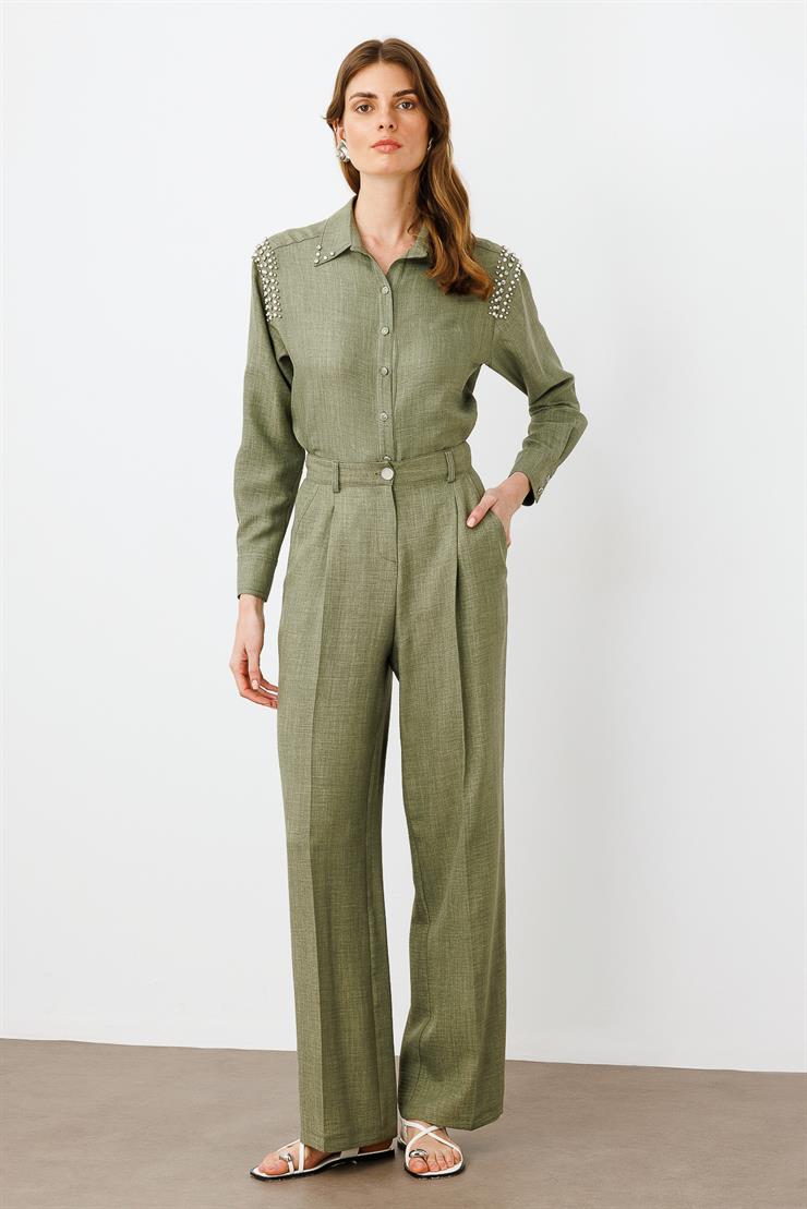 Modailgi  Pileli Yandan Cepli Palazzo Pantolon -1556 Haki