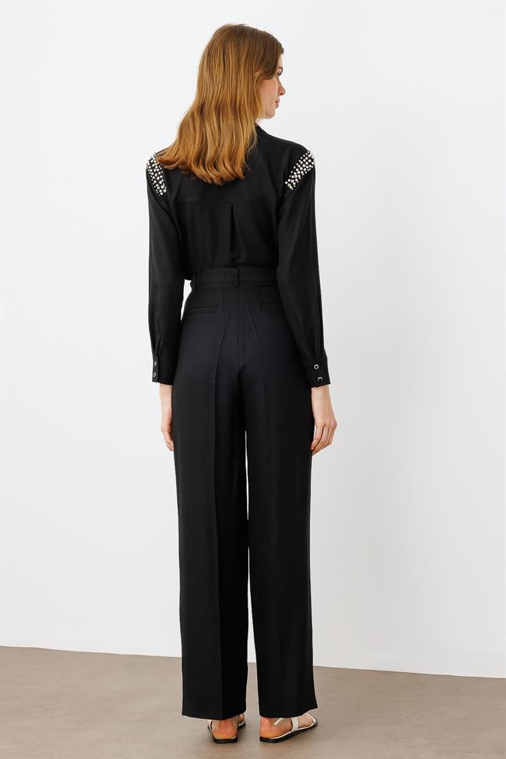 Modailgi  Pileli Yandan Cepli Palazzo Pantolon -1556 Siyah