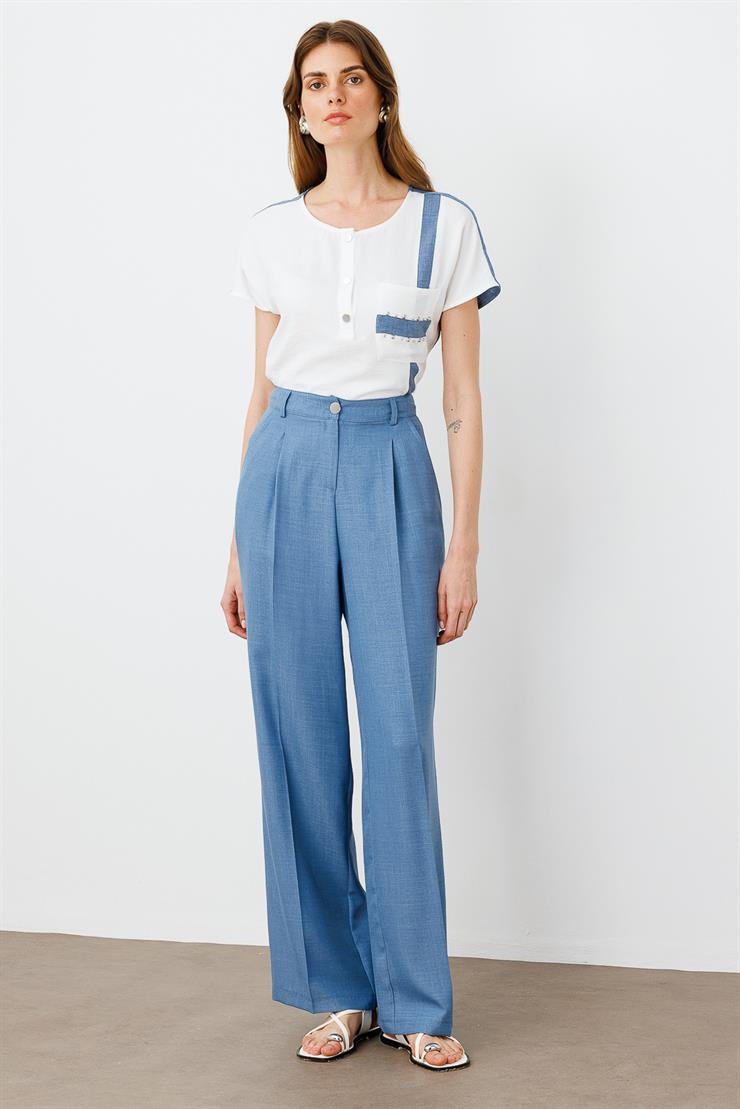 Modailgi  Pileli Yandan Cepli Palazzo Pantolon -1556 İndigo