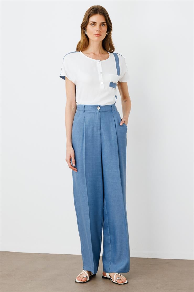 Modailgi  Pileli Yandan Cepli Palazzo Pantolon -1556 İndigo