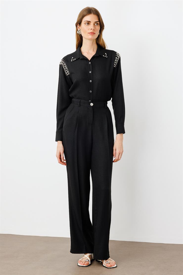 Modailgi  Pileli Yandan Cepli Palazzo Pantolon -1556 Siyah