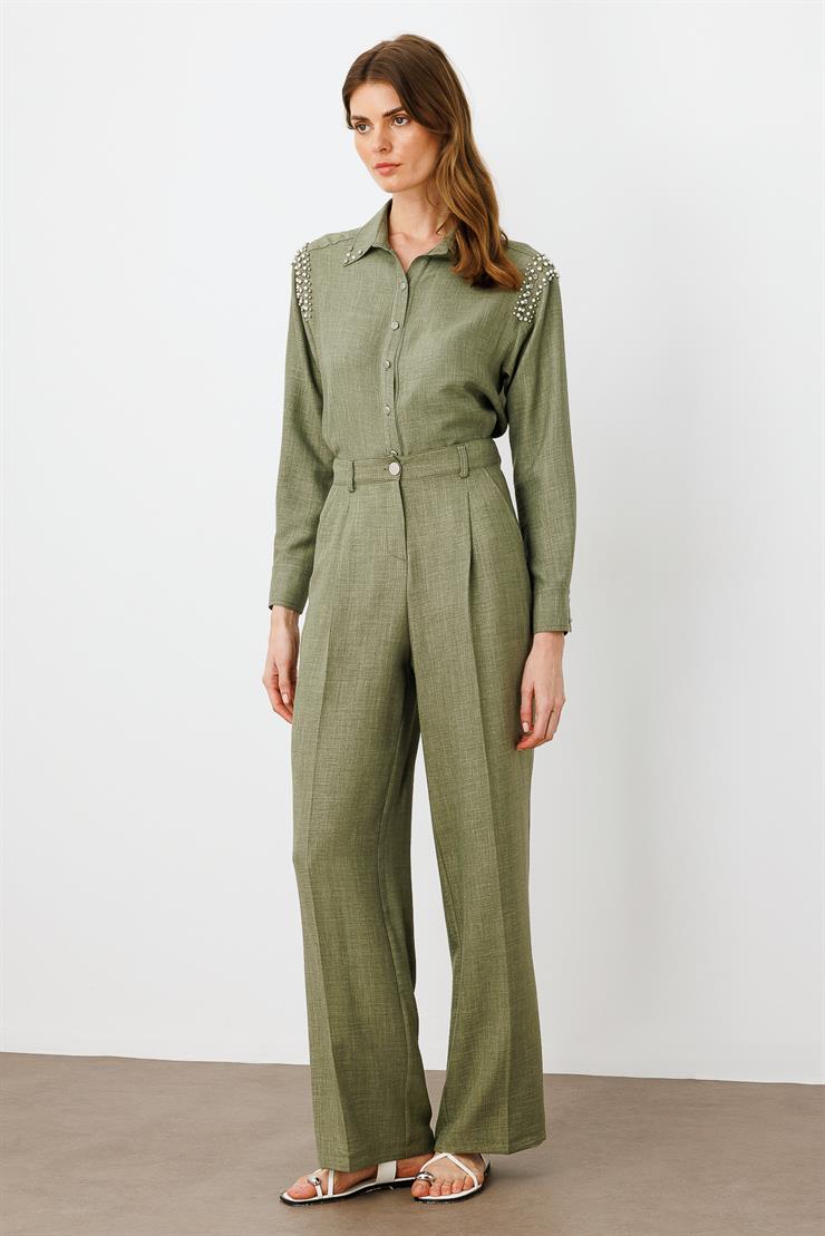 Modailgi  Pileli Yandan Cepli Palazzo Pantolon -1556 Haki