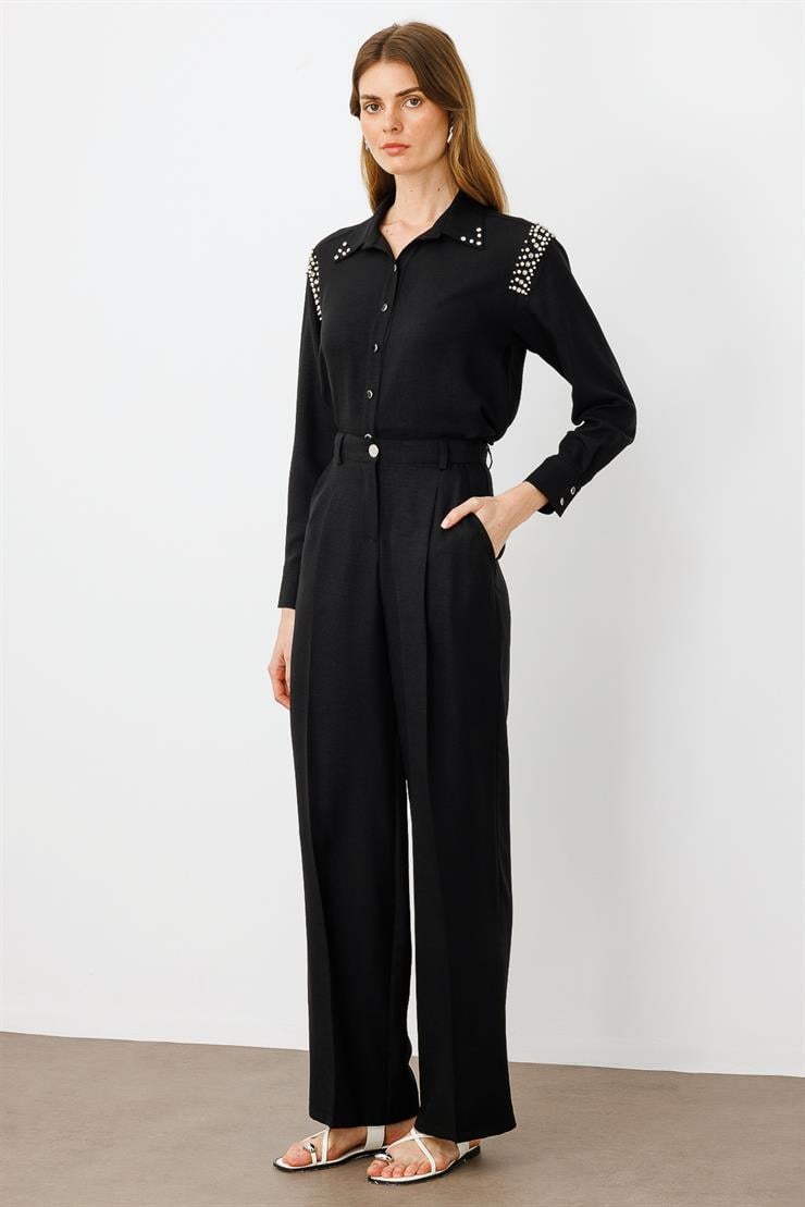 Modailgi  Pileli Yandan Cepli Palazzo Pantolon -1556 Siyah