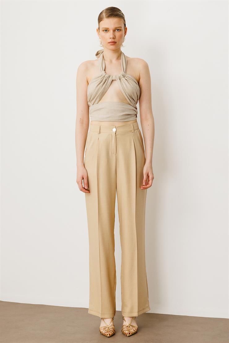 Modailgi  Pileli Yandan Cepli Palazzo Pantolon -1556 Bej