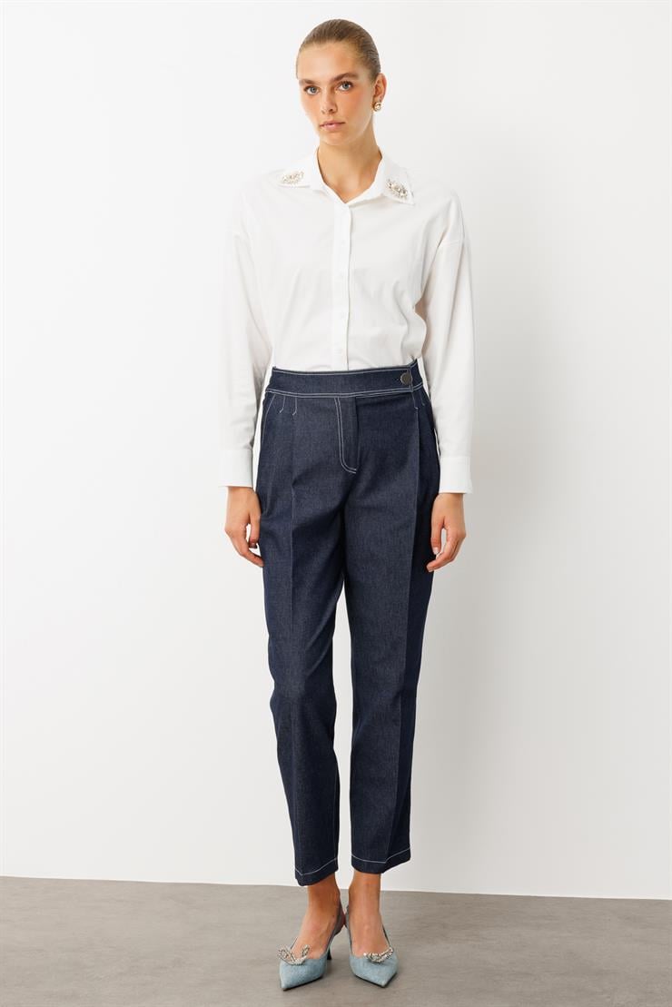 Modailgi  Pileli Yandan Cepli Uzun Kemerli Spor Dikiş Havuç Paça Tencel Kot Pantolon - 70106 Lacivert