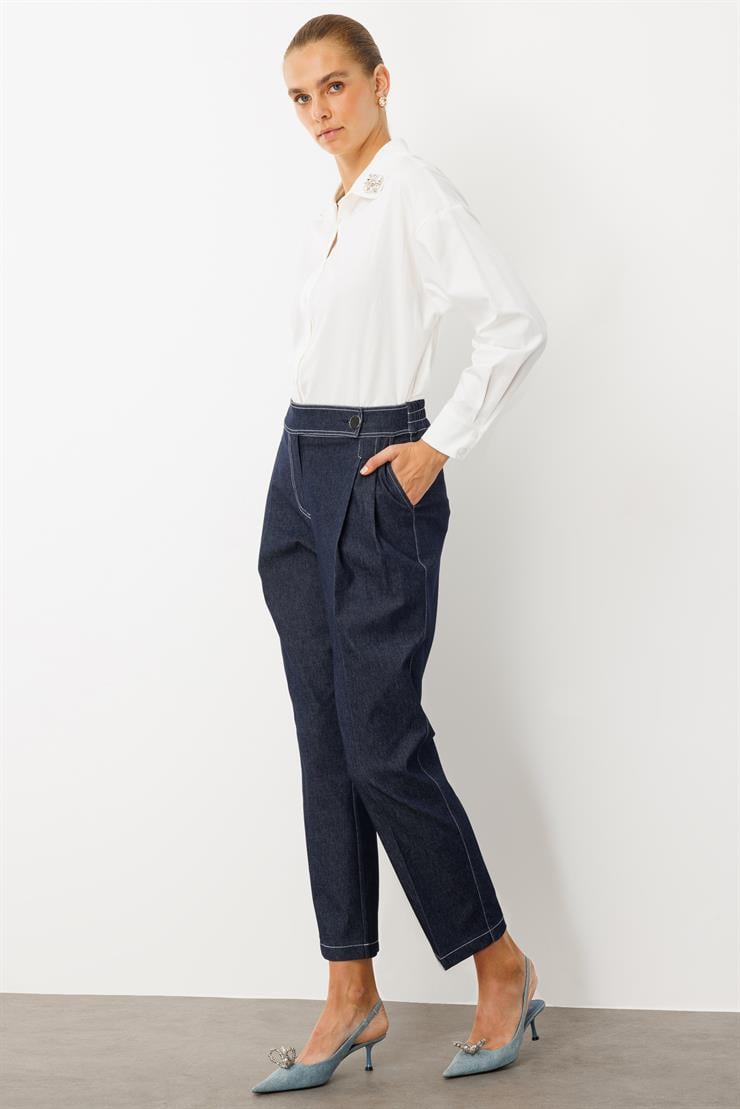 Modailgi  Pileli Yandan Cepli Uzun Kemerli Spor Dikiş Havuç Paça Tencel Kot Pantolon - 70106 Lacivert