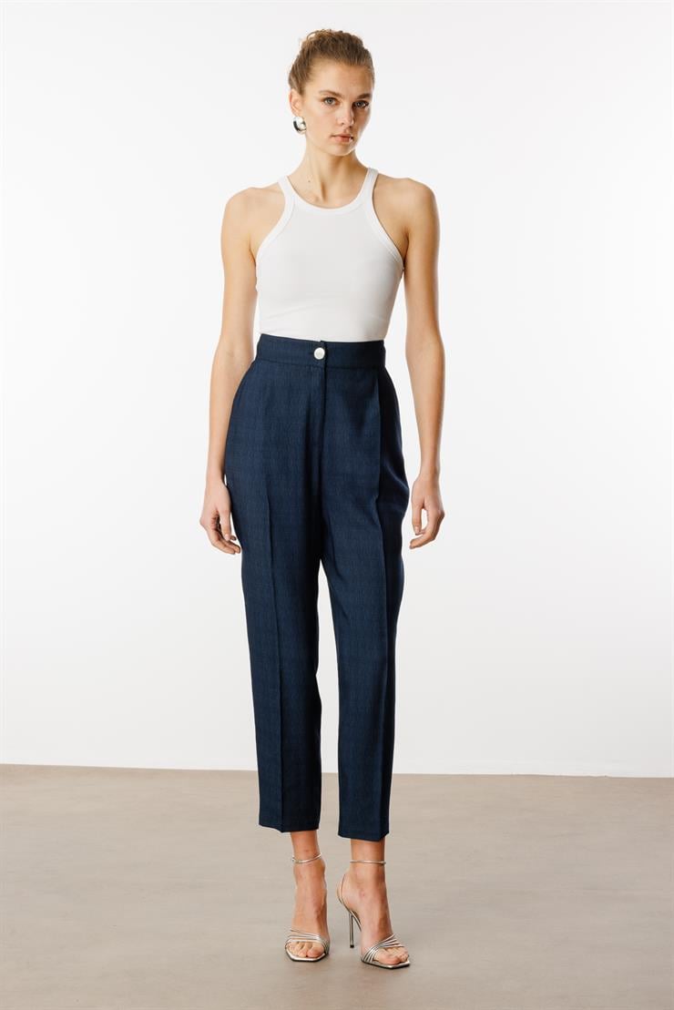 Modailgi  Pileli Yüksek Bel Yandan Cepli Havuç Paça Pantolon - 70022 Lacivert