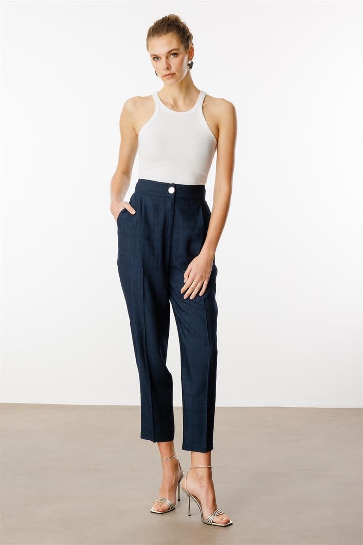 Modailgi  Pileli Yüksek Bel Yandan Cepli Havuç Paça Pantolon - 70022 Lacivert