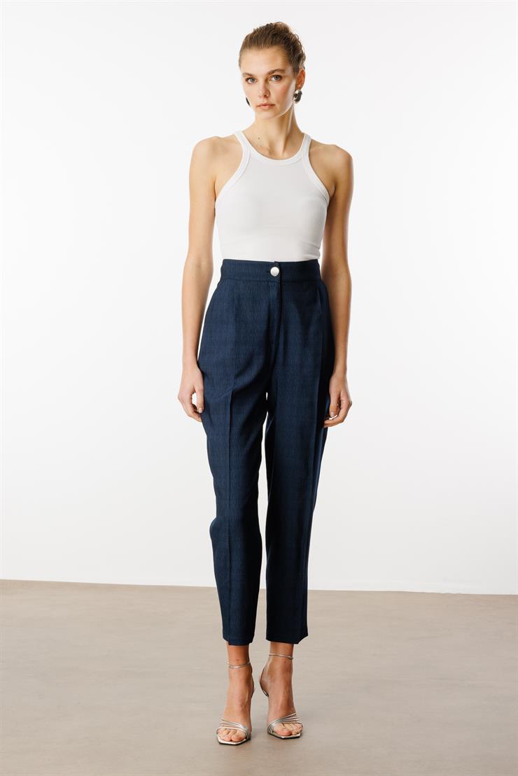 Modailgi  Pileli Yüksek Bel Yandan Cepli Havuç Paça Pantolon - 70022 Lacivert