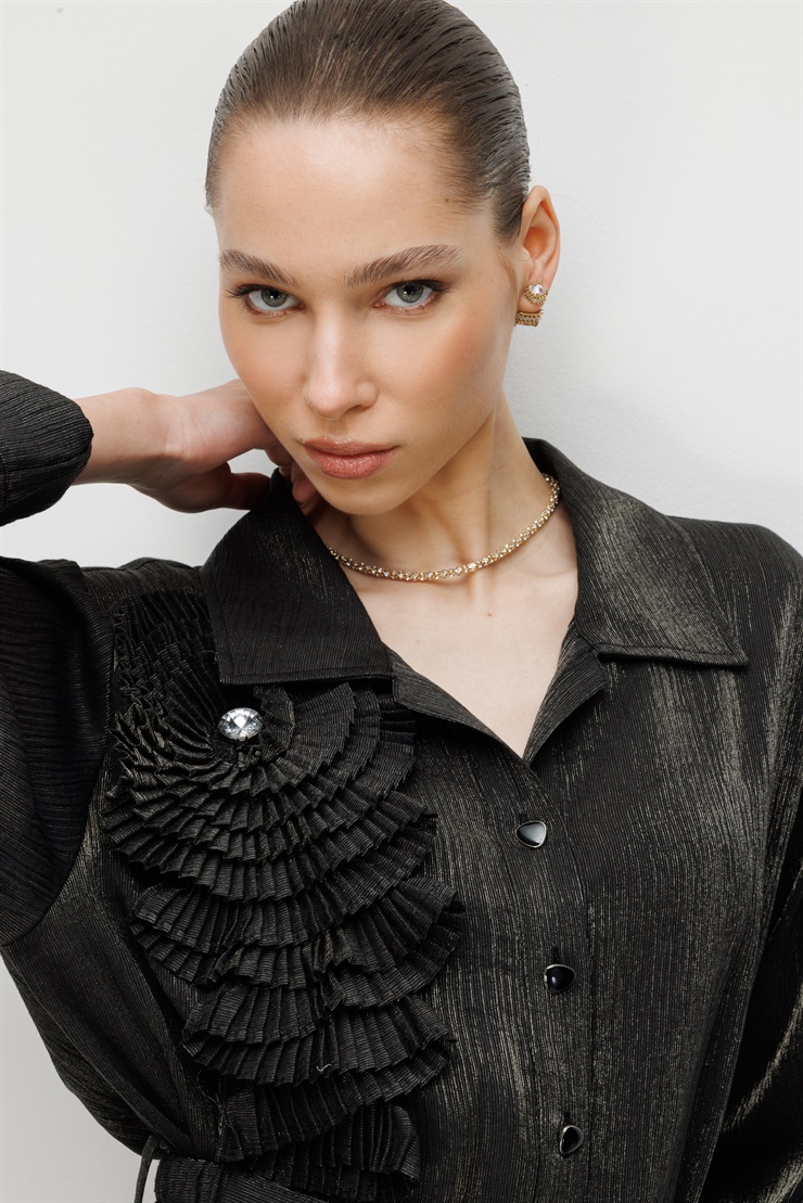 Modailgi  Pilise Süslemeli Beli Kemerli Tunik - 40012 Siyah