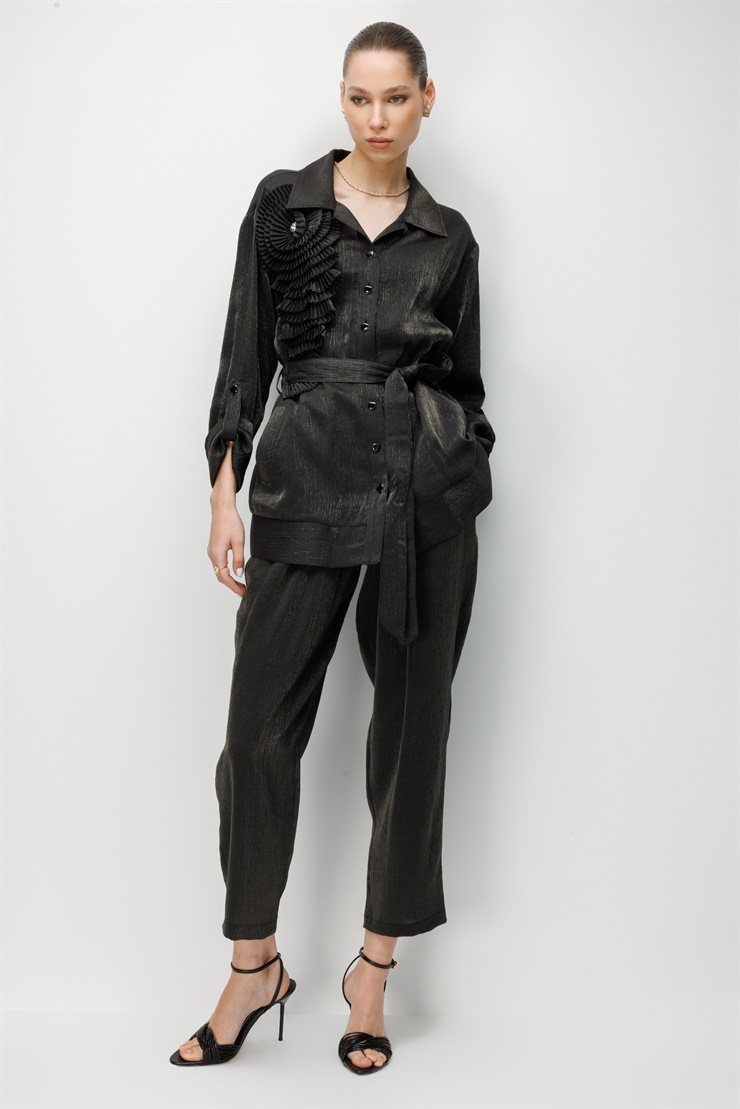 Modailgi  Pilise Süslemeli Beli Kemerli Tunik - 40012 Siyah