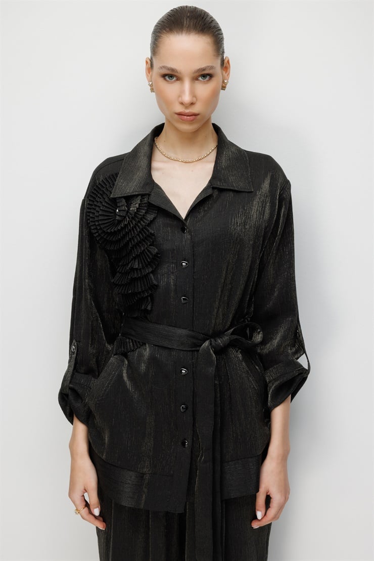 Modailgi  Pilise Süslemeli Beli Kemerli Tunik - 40012 Siyah