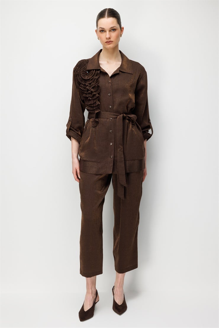 Modailgi  Pilise Süslemeli Beli Kemerli Tunik - 40012 Kahve