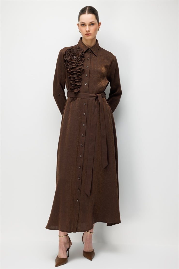 Modailgi Pilise Süslemeli Beli Kemerli Uzun Elbise