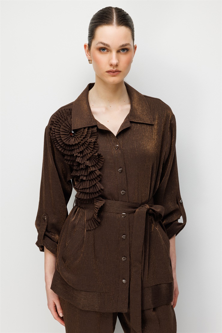 Modailgi  Pilise Süslemeli Beli Kemerli Tunik - 40012 Kahve