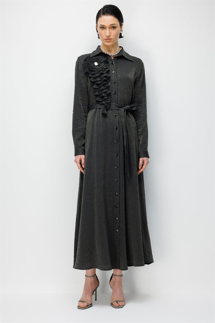 Modailgi Pilise Süslemeli Beli Kemerli Uzun Elbise