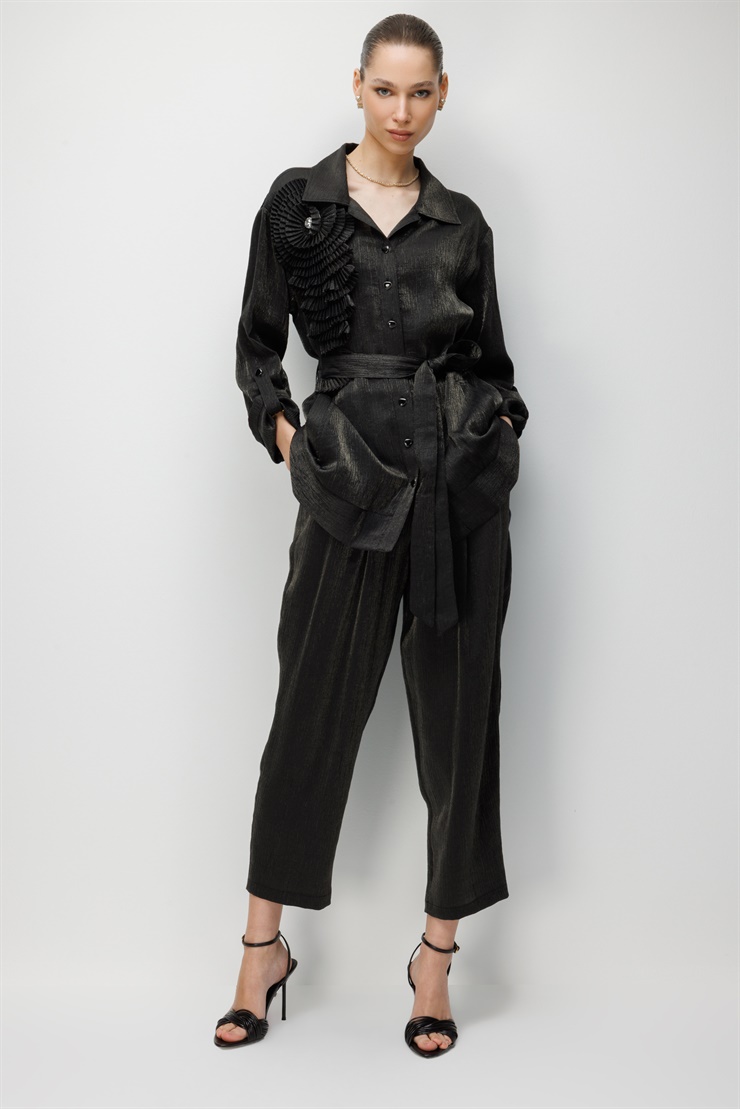 Modailgi  Pilise Süslemeli Beli Kemerli Tunik - 40012 Siyah