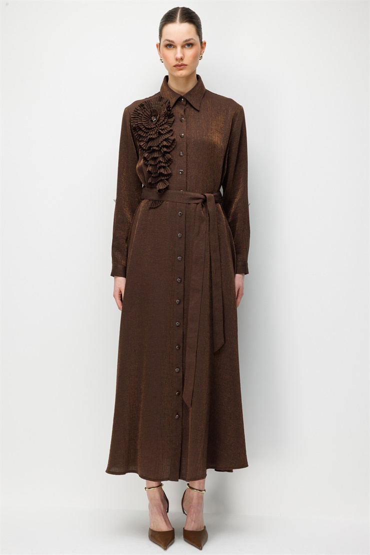 Modailgi Pilise Süslemeli Beli Kemerli Uzun Elbise