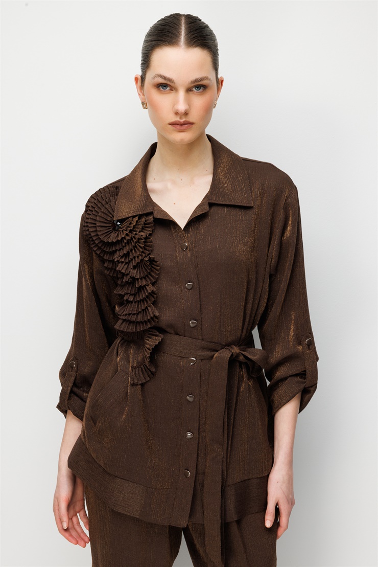 Modailgi  Pilise Süslemeli Beli Kemerli Tunik - 40012 Kahve