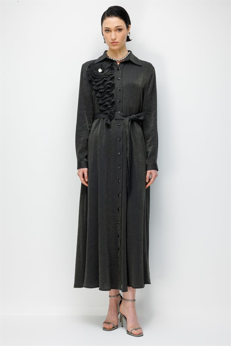 Modailgi Pilise Süslemeli Beli Kemerli Uzun Elbise