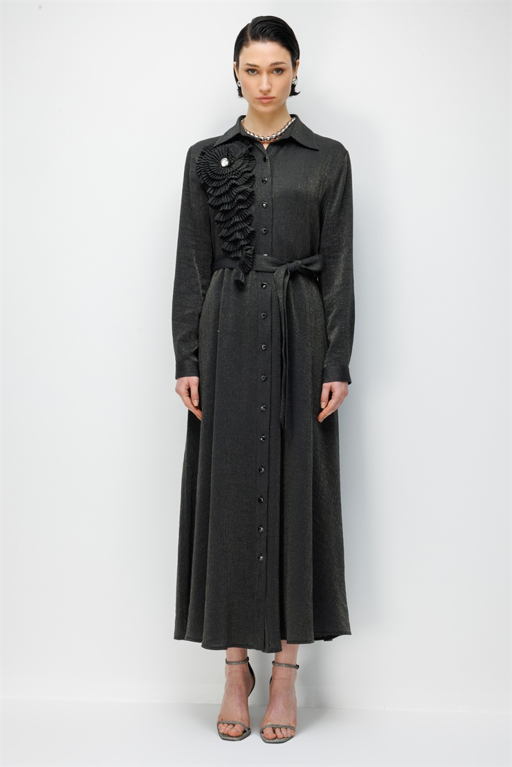 Modailgi Pilise Süslemeli Beli Kemerli Uzun Elbise