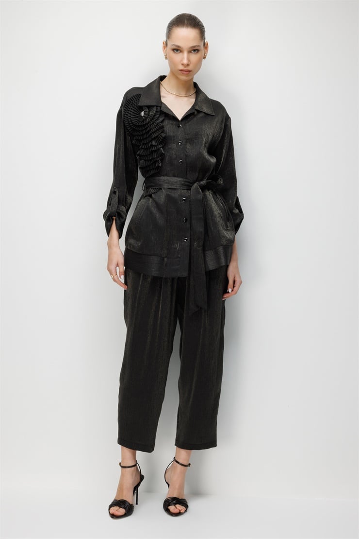 Modailgi  Pilise Süslemeli Beli Kemerli Tunik - 40012 Siyah