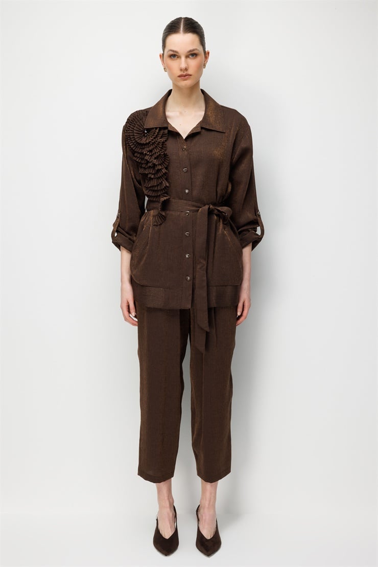 Modailgi  Pilise Süslemeli Beli Kemerli Tunik - 40012 Kahve