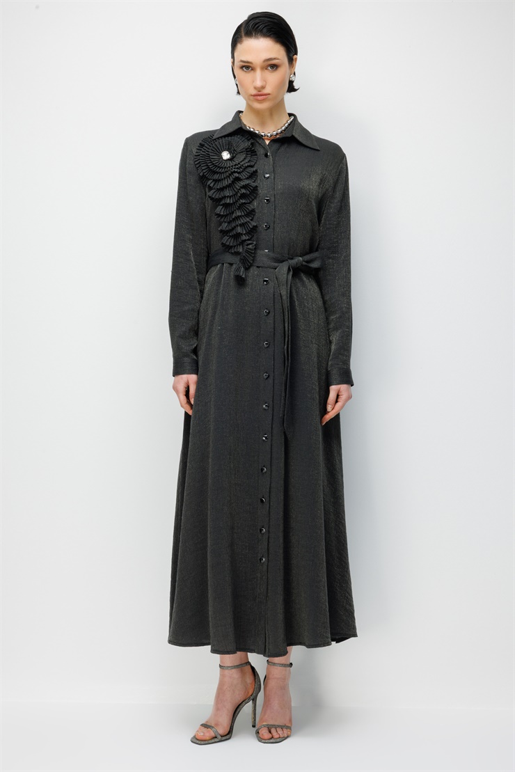 Modailgi Pilise Süslemeli Beli Kemerli Uzun Elbise