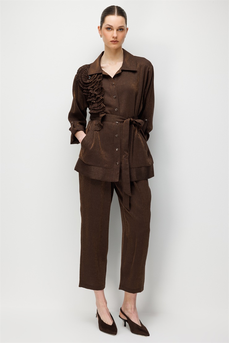 Modailgi  Pilise Süslemeli Beli Kemerli Tunik - 40012 Kahve