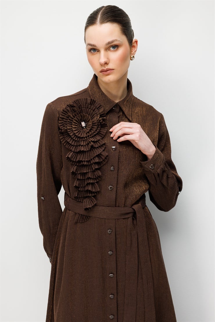 Modailgi Pilise Süslemeli Beli Kemerli Uzun Elbise