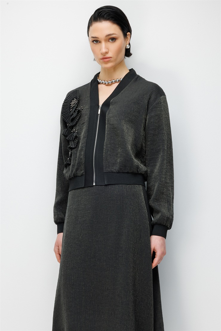 Modailgi Pilise Süslemeli İnci Aksesuarlı Bomber Gömlek - 30039