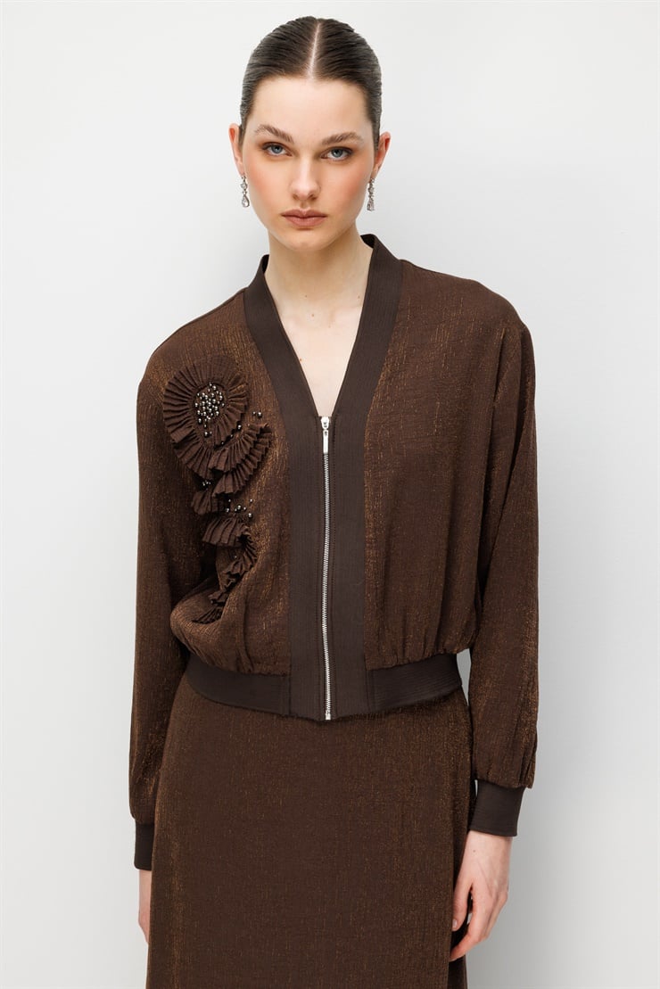 Modailgi Pilise Süslemeli İnci Aksesuarlı Bomber Gömlek - 30039