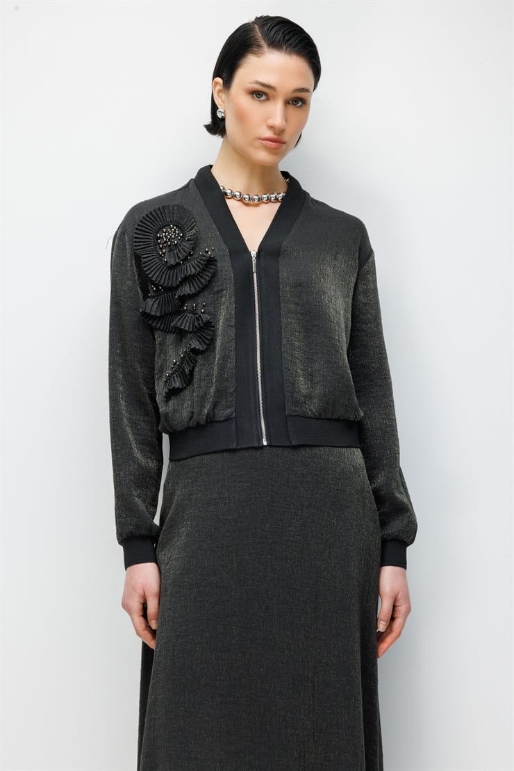 Modailgi Pilise Süslemeli İnci Aksesuarlı Bomber Gömlek - 30039