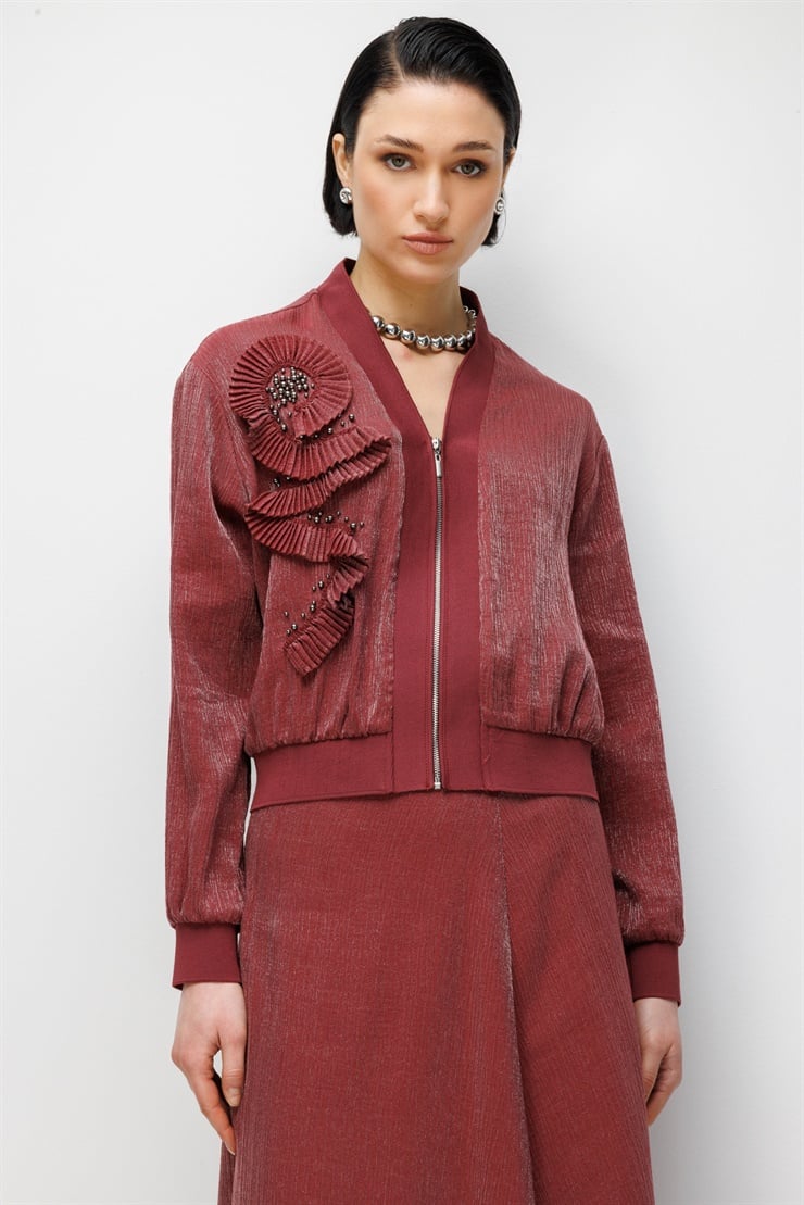 Modailgi Pilise Süslemeli İnci Aksesuarlı Bomber Gömlek - 30039