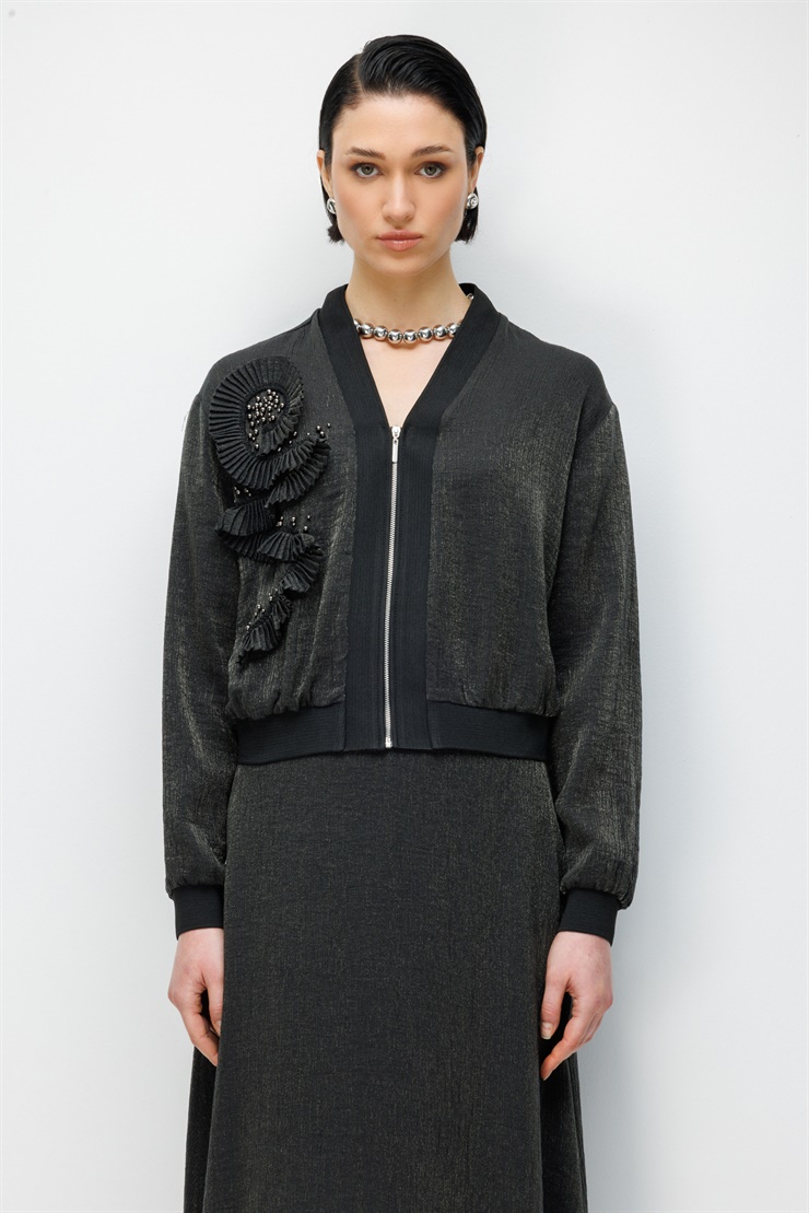 Modailgi Pilise Süslemeli İnci Aksesuarlı Bomber Gömlek - 30039